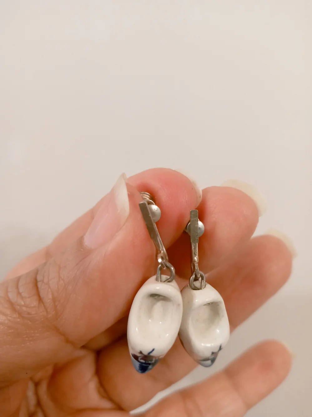 Vintage Hand-Painted White and Blue Shoe Earrings